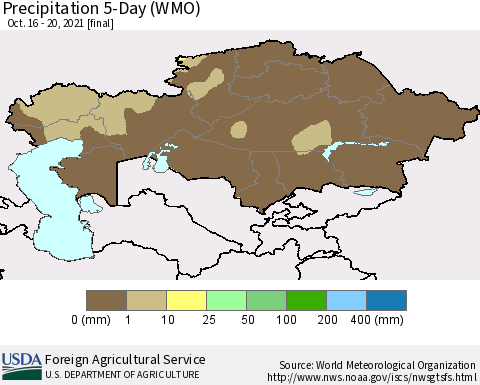 Kazakhstan Precipitation 5-Day (WMO) Thematic Map For 10/16/2021 - 10/20/2021