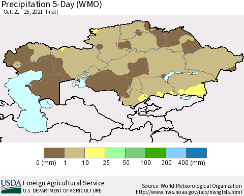 Kazakhstan Precipitation 5-Day (WMO) Thematic Map For 10/21/2021 - 10/25/2021