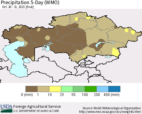 Kazakhstan Precipitation 5-Day (WMO) Thematic Map For 10/26/2021 - 10/31/2021