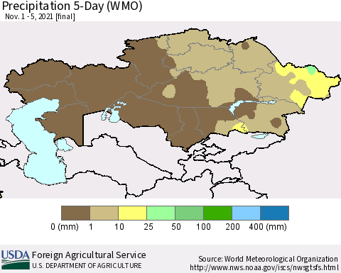 Kazakhstan Precipitation 5-Day (WMO) Thematic Map For 11/1/2021 - 11/5/2021