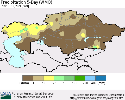 Kazakhstan Precipitation 5-Day (WMO) Thematic Map For 11/6/2021 - 11/10/2021