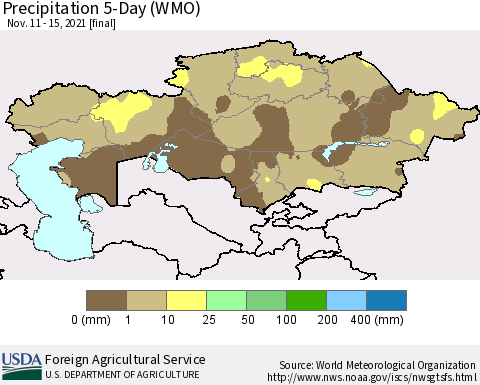 Kazakhstan Precipitation 5-Day (WMO) Thematic Map For 11/11/2021 - 11/15/2021
