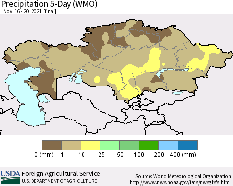 Kazakhstan Precipitation 5-Day (WMO) Thematic Map For 11/16/2021 - 11/20/2021