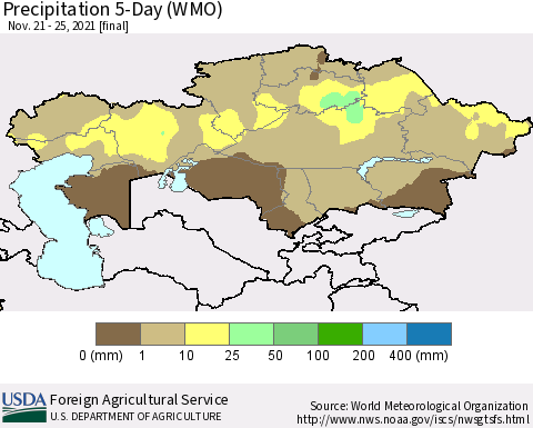 Kazakhstan Precipitation 5-Day (WMO) Thematic Map For 11/21/2021 - 11/25/2021
