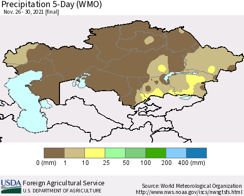 Kazakhstan Precipitation 5-Day (WMO) Thematic Map For 11/26/2021 - 11/30/2021