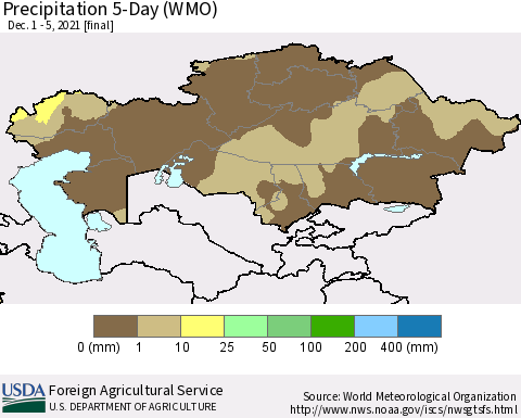 Kazakhstan Precipitation 5-Day (WMO) Thematic Map For 12/1/2021 - 12/5/2021