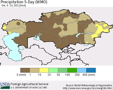 Kazakhstan Precipitation 5-Day (WMO) Thematic Map For 12/6/2021 - 12/10/2021