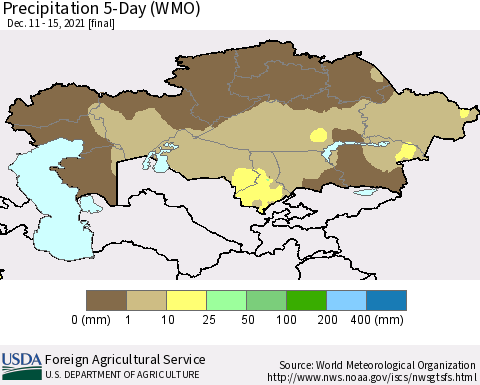 Kazakhstan Precipitation 5-Day (WMO) Thematic Map For 12/11/2021 - 12/15/2021