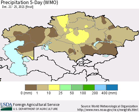 Kazakhstan Precipitation 5-Day (WMO) Thematic Map For 12/21/2021 - 12/25/2021