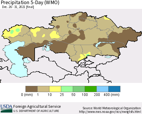 Kazakhstan Precipitation 5-Day (WMO) Thematic Map For 12/26/2021 - 12/31/2021