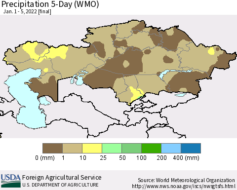 Kazakhstan Precipitation 5-Day (WMO) Thematic Map For 1/1/2022 - 1/5/2022