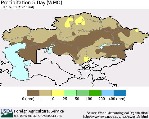 Kazakhstan Precipitation 5-Day (WMO) Thematic Map For 1/6/2022 - 1/10/2022