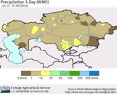 Kazakhstan Precipitation 5-Day (WMO) Thematic Map For 1/11/2022 - 1/15/2022