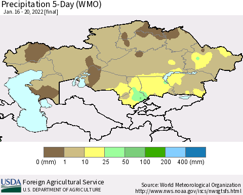 Kazakhstan Precipitation 5-Day (WMO) Thematic Map For 1/16/2022 - 1/20/2022