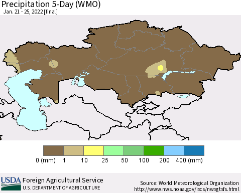 Kazakhstan Precipitation 5-Day (WMO) Thematic Map For 1/21/2022 - 1/25/2022