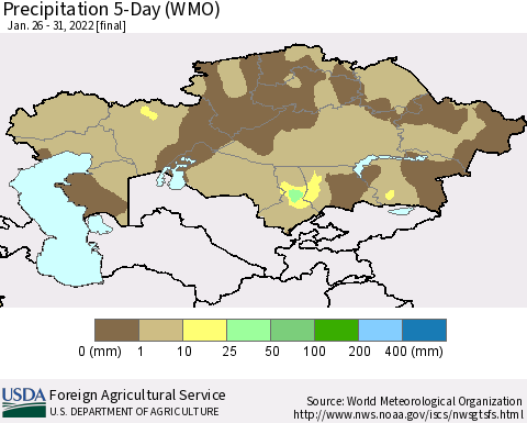 Kazakhstan Precipitation 5-Day (WMO) Thematic Map For 1/26/2022 - 1/31/2022