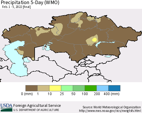 Kazakhstan Precipitation 5-Day (WMO) Thematic Map For 2/1/2022 - 2/5/2022