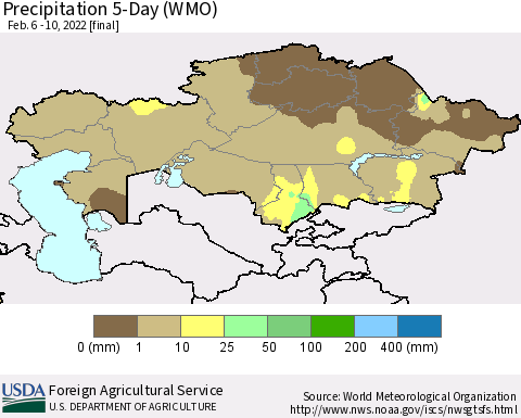 Kazakhstan Precipitation 5-Day (WMO) Thematic Map For 2/6/2022 - 2/10/2022