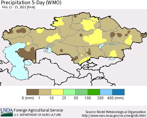 Kazakhstan Precipitation 5-Day (WMO) Thematic Map For 2/11/2022 - 2/15/2022