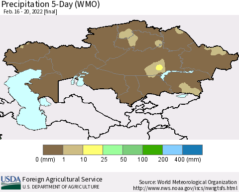 Kazakhstan Precipitation 5-Day (WMO) Thematic Map For 2/16/2022 - 2/20/2022