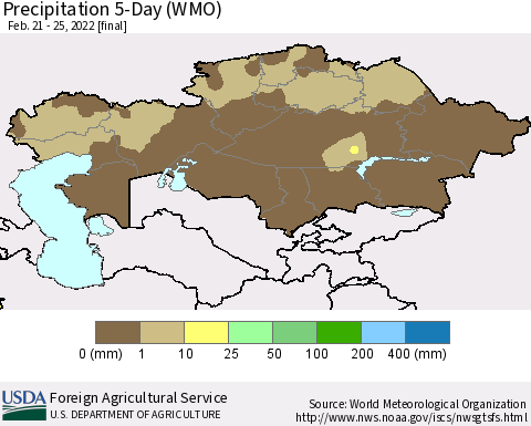 Kazakhstan Precipitation 5-Day (WMO) Thematic Map For 2/21/2022 - 2/25/2022