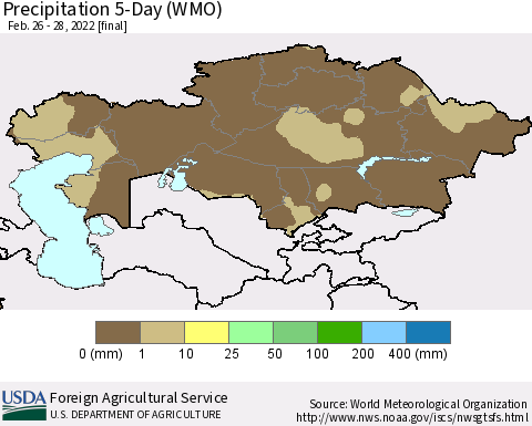 Kazakhstan Precipitation 5-Day (WMO) Thematic Map For 2/26/2022 - 2/28/2022