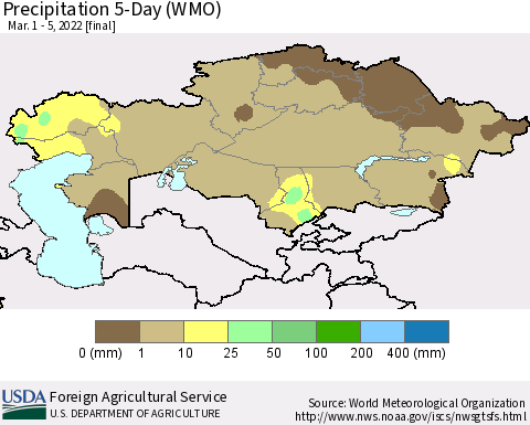 Kazakhstan Precipitation 5-Day (WMO) Thematic Map For 3/1/2022 - 3/5/2022