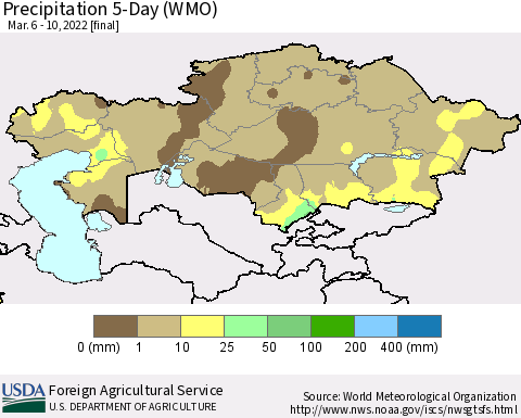 Kazakhstan Precipitation 5-Day (WMO) Thematic Map For 3/6/2022 - 3/10/2022