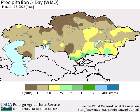 Kazakhstan Precipitation 5-Day (WMO) Thematic Map For 3/11/2022 - 3/15/2022
