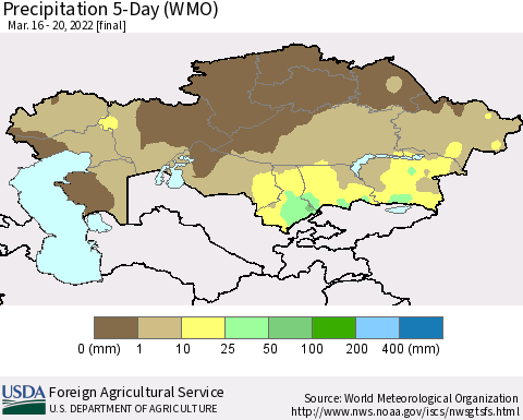 Kazakhstan Precipitation 5-Day (WMO) Thematic Map For 3/16/2022 - 3/20/2022