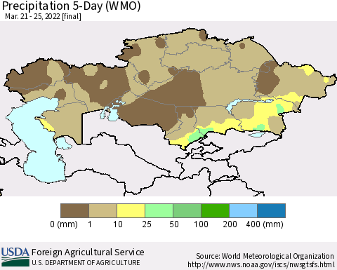 Kazakhstan Precipitation 5-Day (WMO) Thematic Map For 3/21/2022 - 3/25/2022