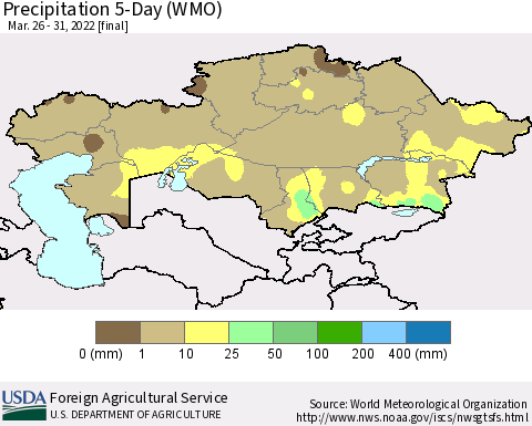 Kazakhstan Precipitation 5-Day (WMO) Thematic Map For 3/26/2022 - 3/31/2022