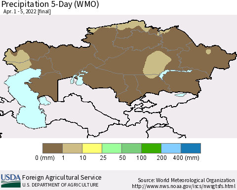 Kazakhstan Precipitation 5-Day (WMO) Thematic Map For 4/1/2022 - 4/5/2022