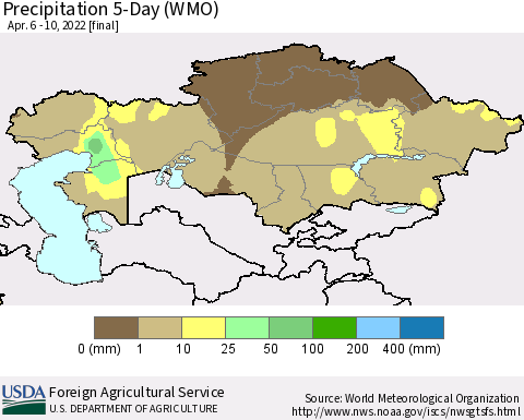 Kazakhstan Precipitation 5-Day (WMO) Thematic Map For 4/6/2022 - 4/10/2022