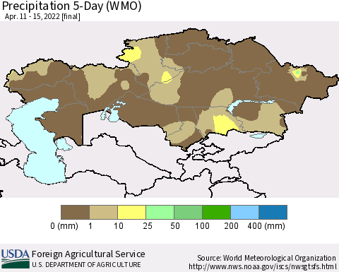 Kazakhstan Precipitation 5-Day (WMO) Thematic Map For 4/11/2022 - 4/15/2022