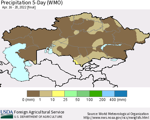 Kazakhstan Precipitation 5-Day (WMO) Thematic Map For 4/16/2022 - 4/20/2022