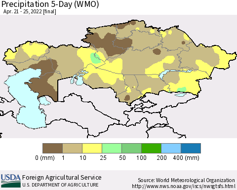 Kazakhstan Precipitation 5-Day (WMO) Thematic Map For 4/21/2022 - 4/25/2022