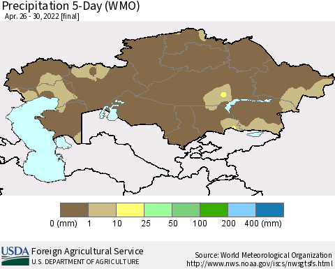 Kazakhstan Precipitation 5-Day (WMO) Thematic Map For 4/26/2022 - 4/30/2022