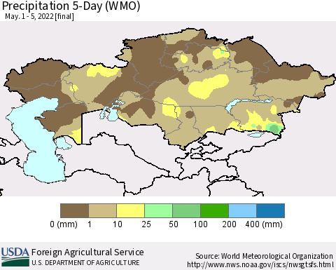 Kazakhstan Precipitation 5-Day (WMO) Thematic Map For 5/1/2022 - 5/5/2022