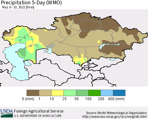 Kazakhstan Precipitation 5-Day (WMO) Thematic Map For 5/6/2022 - 5/10/2022