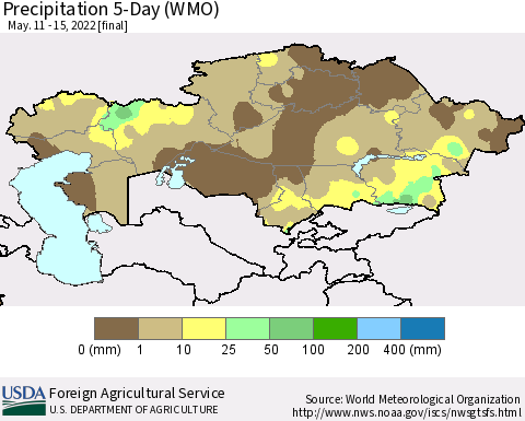 Kazakhstan Precipitation 5-Day (WMO) Thematic Map For 5/11/2022 - 5/15/2022