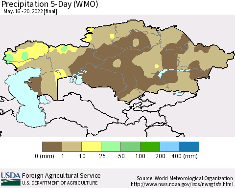 Kazakhstan Precipitation 5-Day (WMO) Thematic Map For 5/16/2022 - 5/20/2022