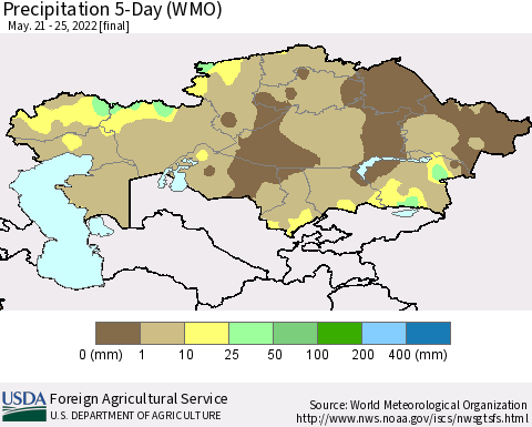Kazakhstan Precipitation 5-Day (WMO) Thematic Map For 5/21/2022 - 5/25/2022