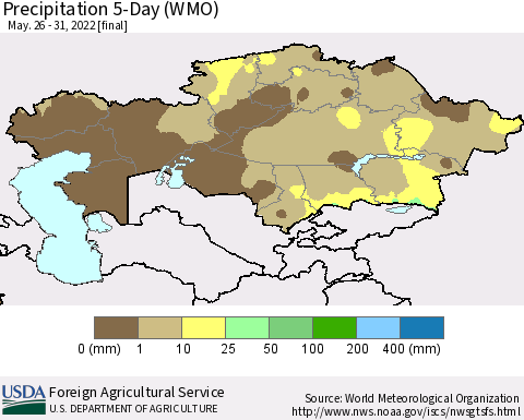 Kazakhstan Precipitation 5-Day (WMO) Thematic Map For 5/26/2022 - 5/31/2022