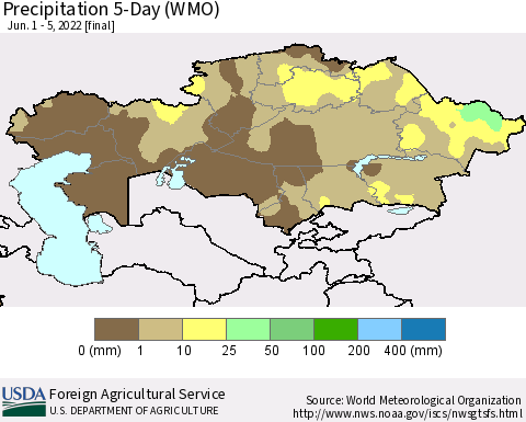 Kazakhstan Precipitation 5-Day (WMO) Thematic Map For 6/1/2022 - 6/5/2022