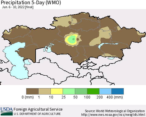 Kazakhstan Precipitation 5-Day (WMO) Thematic Map For 6/6/2022 - 6/10/2022
