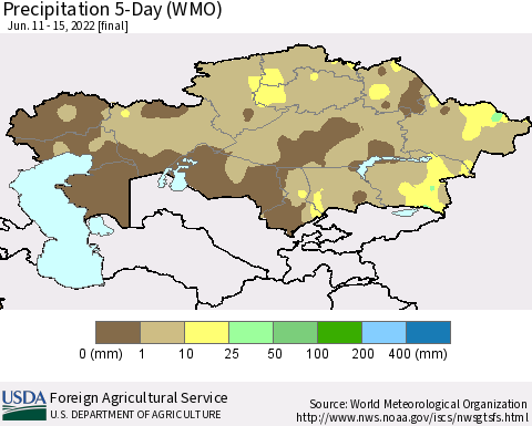 Kazakhstan Precipitation 5-Day (WMO) Thematic Map For 6/11/2022 - 6/15/2022