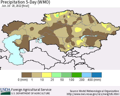 Kazakhstan Precipitation 5-Day (WMO) Thematic Map For 6/16/2022 - 6/20/2022