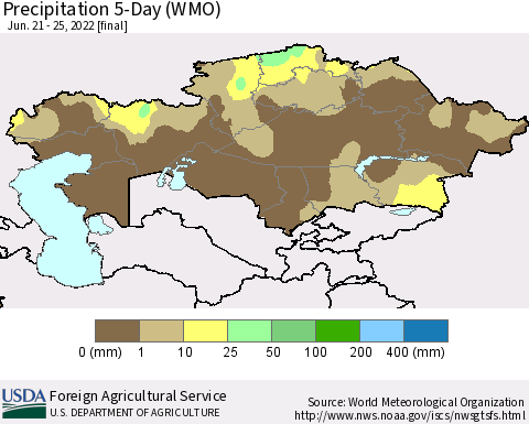 Kazakhstan Precipitation 5-Day (WMO) Thematic Map For 6/21/2022 - 6/25/2022