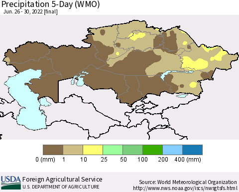 Kazakhstan Precipitation 5-Day (WMO) Thematic Map For 6/26/2022 - 6/30/2022